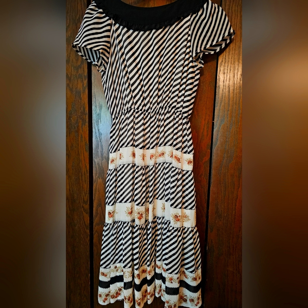 Vintage Dress Genetpelsone Black/White Stripes Floral Bought in Bangkok Small
